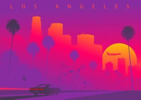 Cityscape of Los Angeles during the sunset with the huge sun. A car is driving towards downtown LA. Colorful vector illustration, original, not derived image