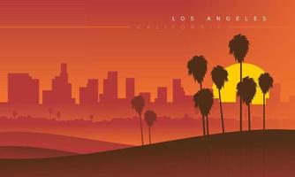 Horizonte de Los Ángeles durante la puesta de sol, visto desde la distancia. ilustración vectorial. paisaje urbano estilizado. California, EE.UU vector