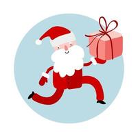 Hand drawn vector Santa Claus running with gift box fun Merry Christmas time illustration greeting card, bag of many surprise gifts isolated on blue background
