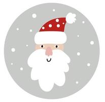 vector dibujado a mano santa claus cara sonriente. Divertida ilustración de feliz navidad para tarjeta de felicitación, bolsa aislada sobre fondo gris con nieve