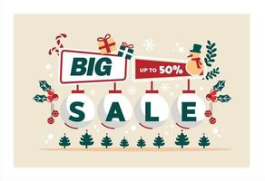 Christmas sale vector, promotional banner with gifts and decorations. Winter holiday discounts and sales in shops and stores. gift flower with ribbon and bow. Proposals in the market for clients vector