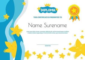 School diploma template certificate for kids with flying stars modern gradient background vector