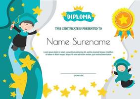 School diploma template certificate muslim kids with flying stars modern gradient background vector