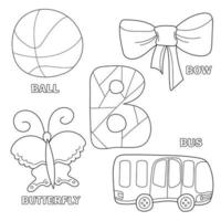 Kids alphabet coloring book page with outlined clip arts to color. Letter B vector