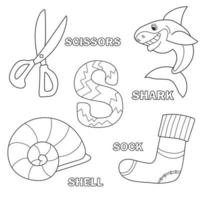 Alphabet coloring book page with outline. Letter S. Shark, scissors, sock, shell vector