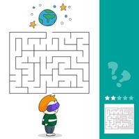 Boy with VR headset in space. Maze games find the path. vector