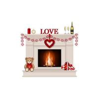 valentine's day fireplace. white fireplace with valentine's day decorations vector