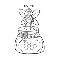 Cartoon bee with honey. Black and white vector illustration for coloring book