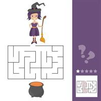 Maze game for kids with witch. Lets help this old witch to find cauldron vector