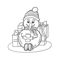 Outlined coloring snowman with mobile phone. Coloring book page for children