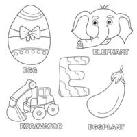 Kids alphabet coloring book page with outlined clip arts. Letter E vector