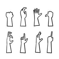 Set of hands showing different gestures. Palm pointing at something. hand drawn doodle style vector