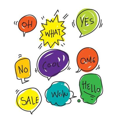 hand drawn Bubble talk phrases. Online chat clouds with different words comments information shapes vector. doodle