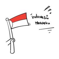 Dibujado a mano doodle bandera roja y blanca y símbolo de tipografía para el vector de celebración del día de la independencia de Indonesia
