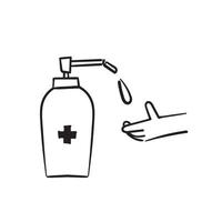 hand drawn doodle hand with Disinfection liquid Icon illustration vector