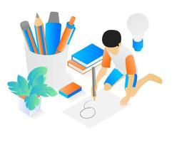 Isometric style illustration of a child drawing on paper with a pencil vector