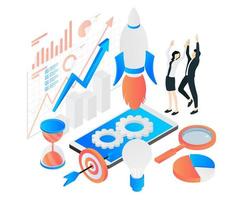Isometric style illustration of business start up launch with rocket vector