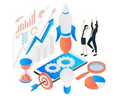 Isometric style illustration of business start up launch with rocket vector