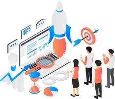 Isometric style illustration of business start up launch with rocket vector
