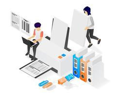 Isometric style illustration of office data printing job