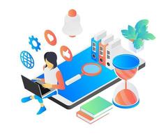 Isometric style illustration of freelance worker with platform and laptop vector