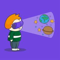 Boy with VR headset in space. Virtual reality for education and games vector