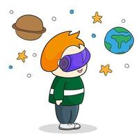 Boy with VR headset in space. Virtual reality for education and games vector