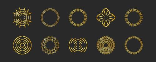 Collection of black backgrounds and golden geometric elements. Set of labels, icons, logos and seamless patterns. Templates with luxury foil for packaging vector