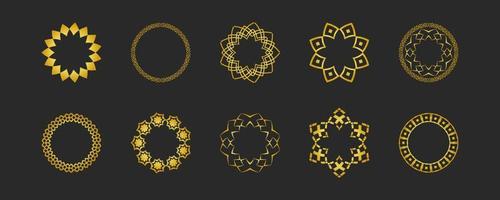 Collection of black backgrounds and golden geometric elements. Set of labels, icons, logos and seamless patterns. Templates with luxury foil for packaging vector