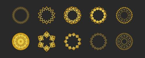 Collection of black backgrounds and golden geometric elements. Set of labels, icons, logos and seamless patterns. Templates with luxury foil for packaging vector