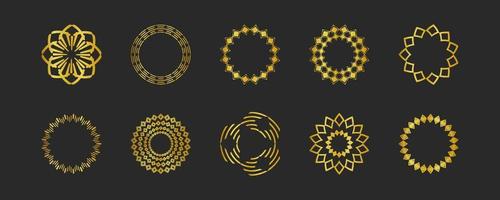 Collection of black backgrounds and golden geometric elements. Set of labels, icons, logos and seamless patterns. Templates with luxury foil for packaging vector