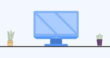 computer monitor on table with two flower pots. flat illustration vector