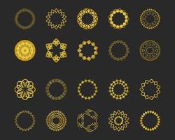 Collection of black backgrounds and golden geometric elements. Set of labels, icons, logos and seamless patterns. Templates with luxury foil for packaging vector