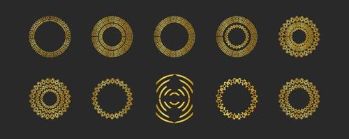 Collection of black backgrounds and golden geometric elements. Set of labels, icons, logos and seamless patterns. Templates with luxury foil for packaging vector