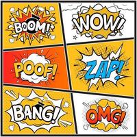 Comic explosion vector with text bubbles collection. Comic burst set with colorful wordings clouds. Collection of funny explosion bubbles for comic speeches. Cartoon comic text patches.