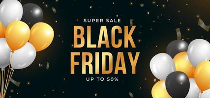 Black Friday sales banner with golden and white balloons. Black Friday social media banner with golden calligraphy. Banner with golden typography. Golden confetti background, party elements. vector