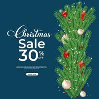 Christmas social media post dark blue background decoration balls and pine tree leaves vector