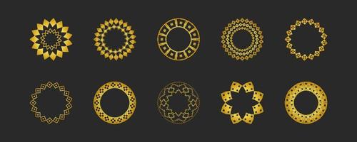 Collection of black backgrounds and golden geometric elements. Set of labels, icons, logos and seamless patterns. Templates with luxury foil for packaging vector