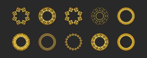 Collection of black backgrounds and golden geometric elements. Set of labels, icons, logos and seamless patterns. Templates with luxury foil for packaging vector