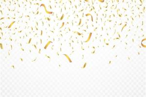 Confetti and foil background vector. Realistic golden ribbon and confetti falling illustration. Golden confetti isolated on transparent background. Festival elements. Birthday party celebration. vector