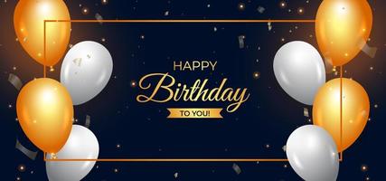 Birthday banner with golden and white balloons. Happy birthday social media banner with golden calligraphy. Happy birthday wish with golden typography. golden confetti background, party elements. vector