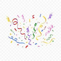 Festival confetti and tinsel explosion background. Realistic multicolor confetti vector illustration. Colorful confetti isolated on transparent background. Carnival elements. Birthday celebration.