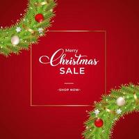 Christmas sales banner with green wreath. Sales banner with wreath, white balls, red balls. Christmas wreath on a red background. Christmas banner template with decorative elements and snowflakes. vector