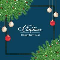 Christmas social media post dark blue background decoration balls and pine tree leaves. Realistic background design with pine leaves. Christmas wreath design with calligraphy vector