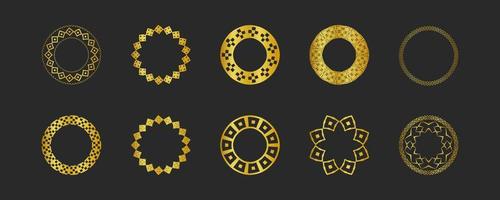 Collection of black backgrounds and golden geometric elements. Set of labels, icons, logos and seamless patterns. Templates with luxury foil for packaging vector