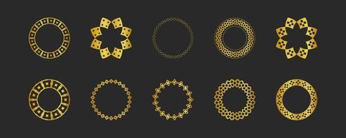 Collection of black backgrounds and golden geometric elements. Set of labels, icons, logos and seamless patterns. Templates with luxury foil for packaging vector