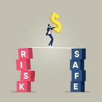 Take a risk or safety concept, businessman balance dollar sign and walk away from risk to safety vector