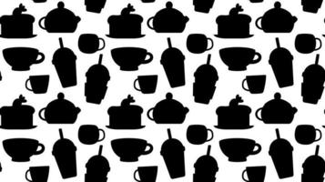 Seamless repeating pattern with drinks and desserts for cafe menu. Print for a shop with tea and coffee and a hot drink. Vector illustration.