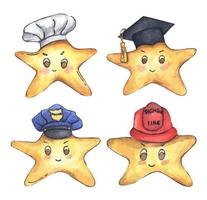 Different professions hats collection and yellow star. Watercolor illustration. vector