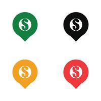 conjunto de iconos de diseño plano de mapa de punto de dólar de silueta, iconos de mapa de punto de dólar aislado sobre fondo blanco vector